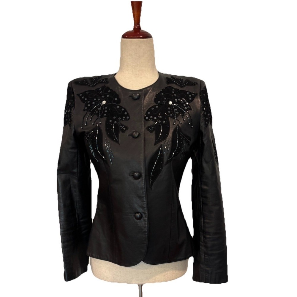 Rickie Freeman Teri Jon Leather Jacket Womens 4 Black Embroidered Sequin Sparkle